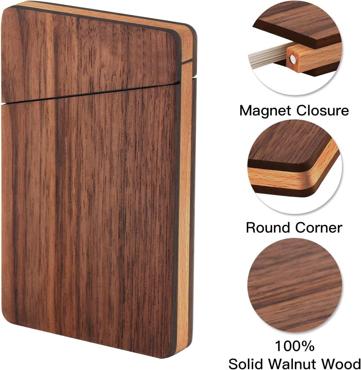 Open walnut wooden business card holder showing space for business cards