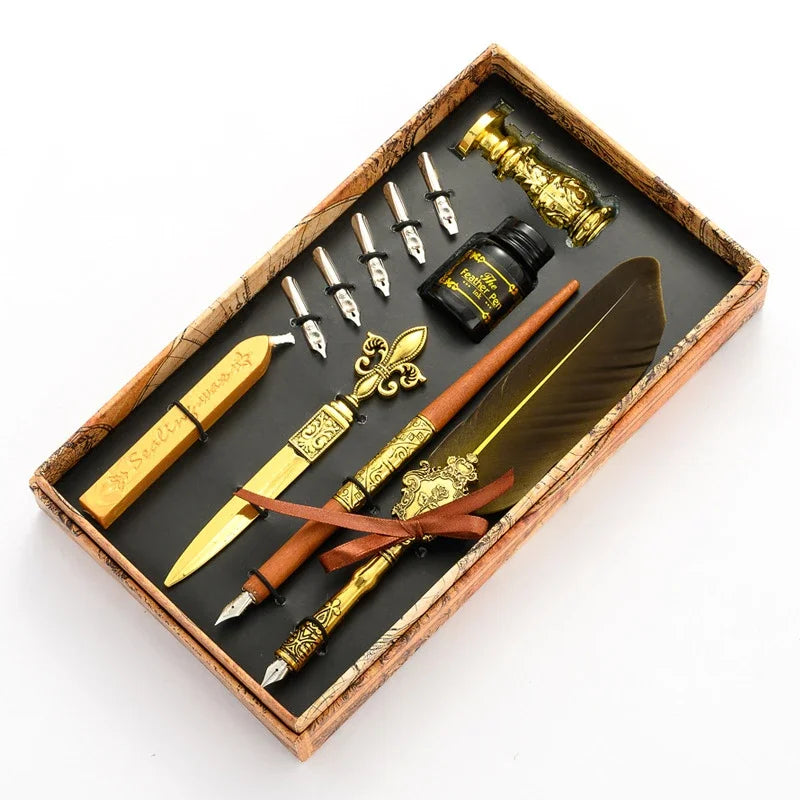 Vintage Gold Feather Fountain Pen Set