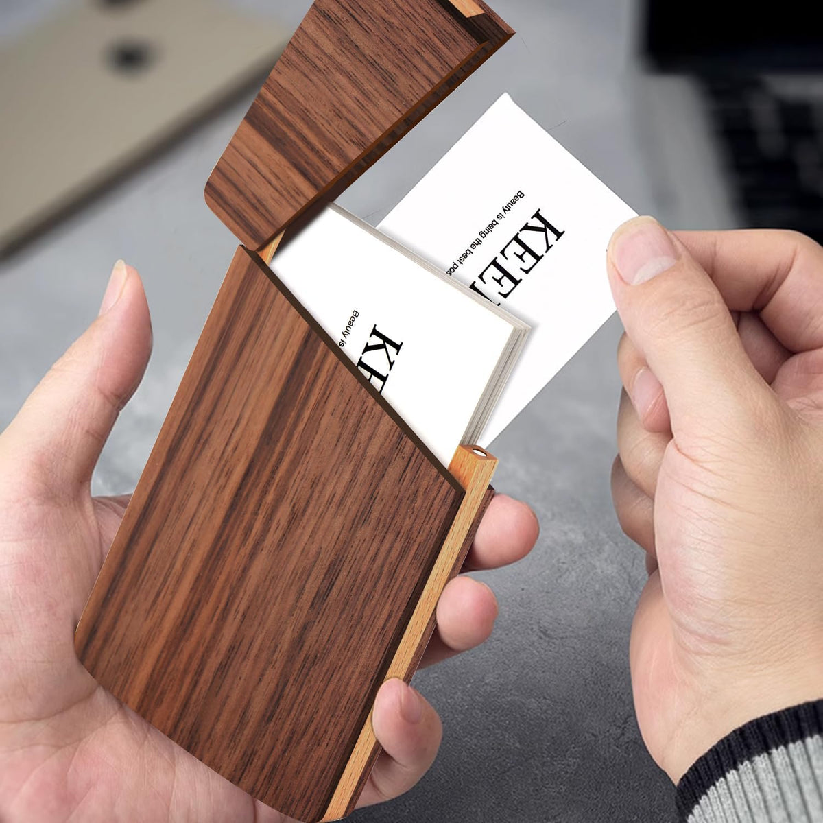 Compact walnut wooden business card case for professional use
