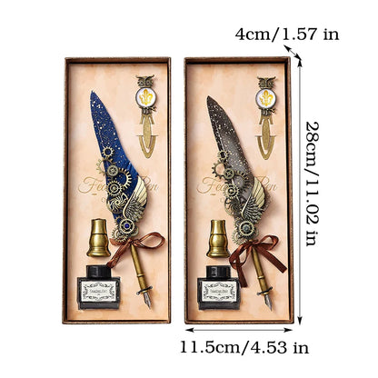 Vintage Mechanical Feather Dip Pen Set