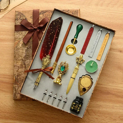 Antique Wooden Feather Dip Pen and Wax Seal Stamp Kit