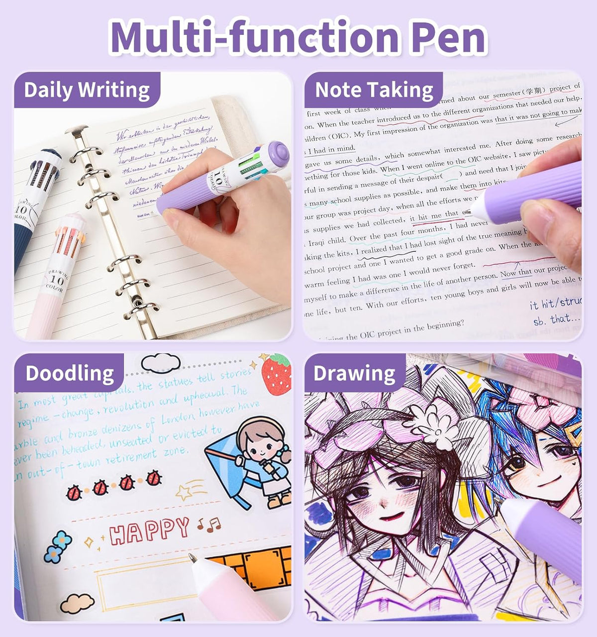 Six pens designed for colorful notes, drawings, and journaling
