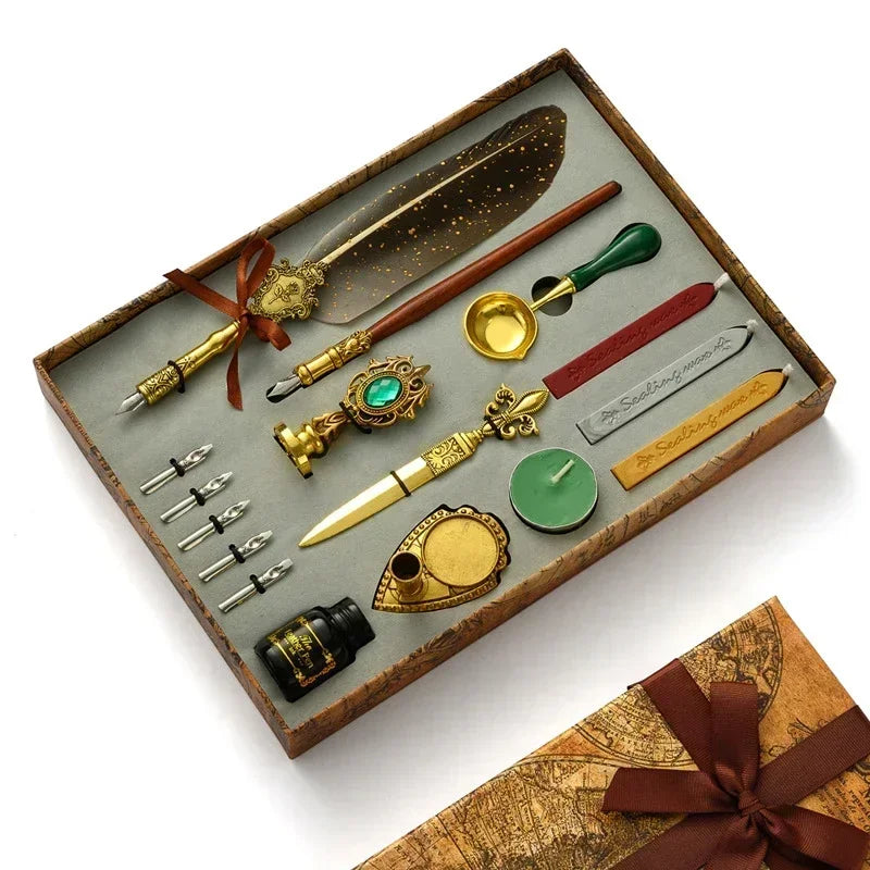 Antique Wooden Feather Dip Pen and Wax Seal Stamp Kit