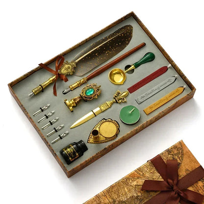 Antique Wooden Feather Dip Pen and Wax Seal Stamp Kit