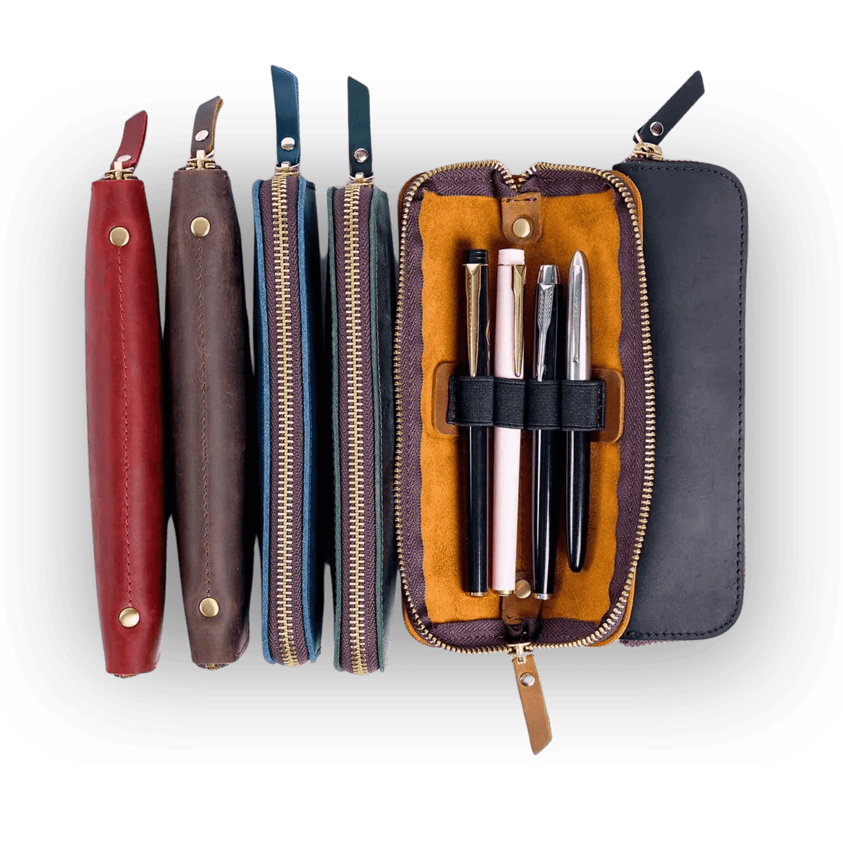 Compact zippered leather pen holder for a desk