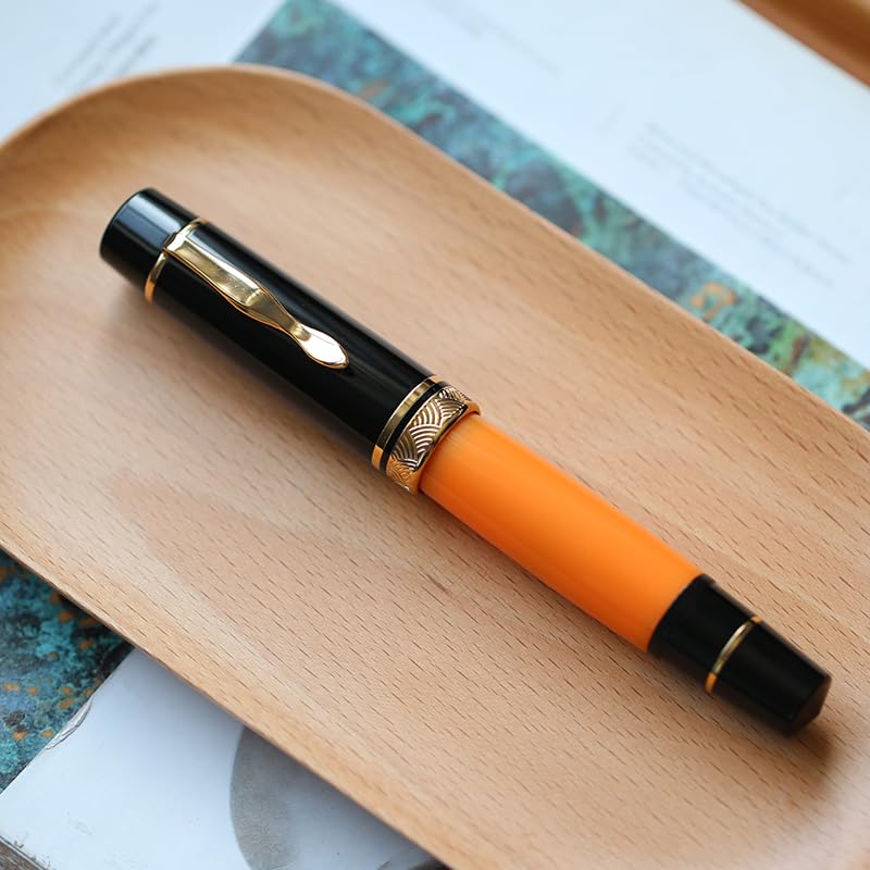 Sun-Carved Fountain Pen With Size 8 Fine Nib Orange And Black