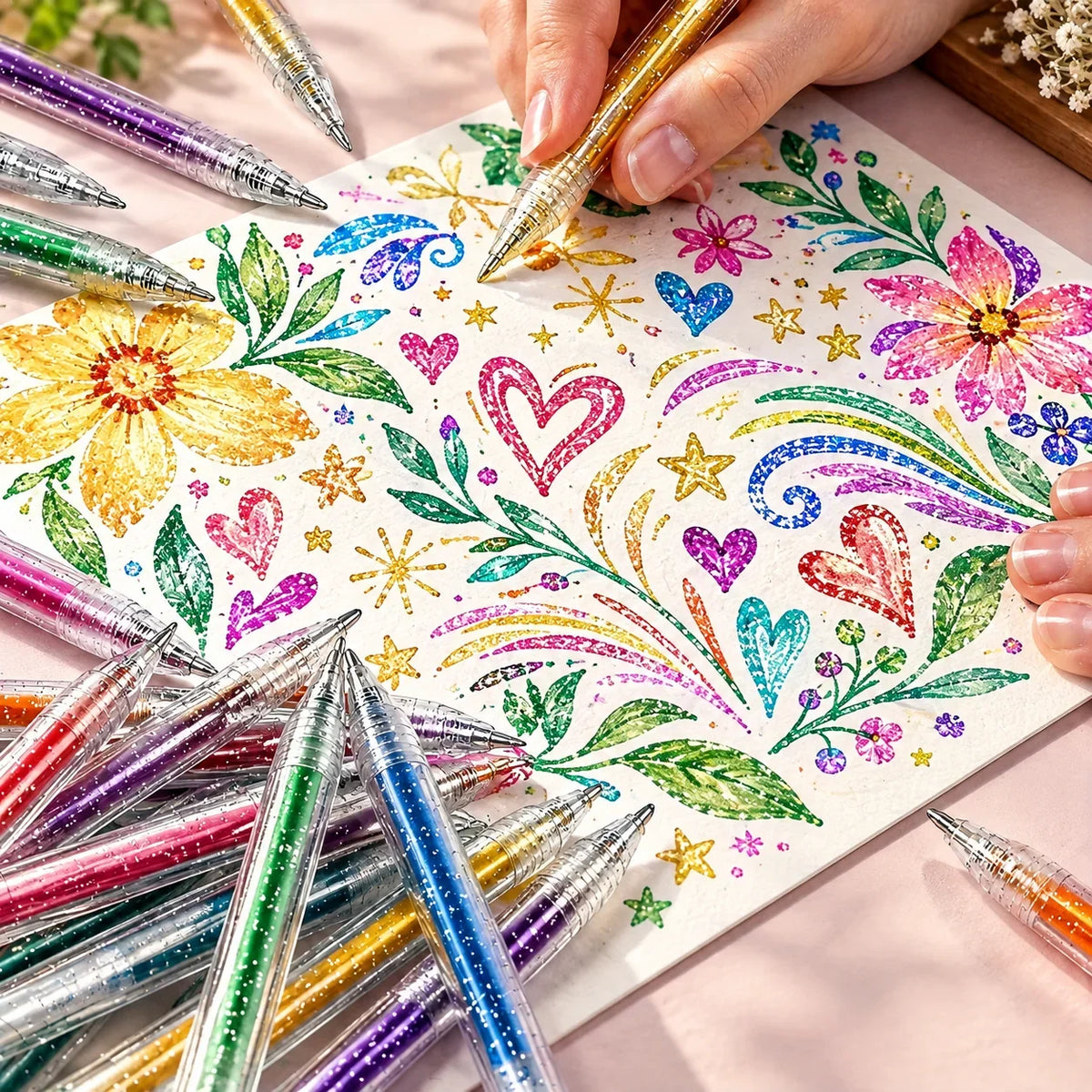 Detailed view of glitter gel pens with slim barrels and fine tips
