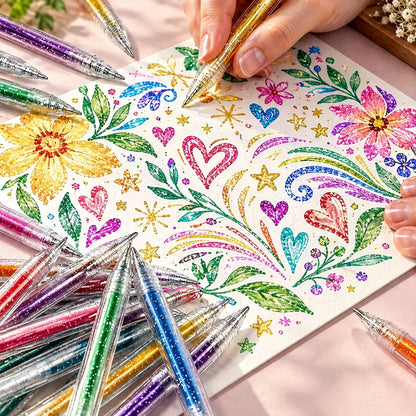 Detailed view of glitter gel pens with slim barrels and fine tips