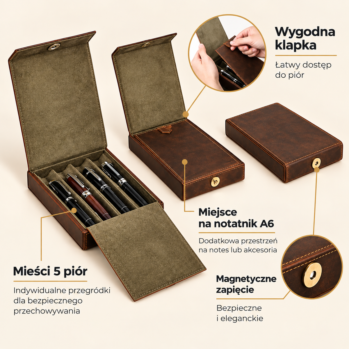 Leather fountain pen holder for organizing four pens at home or on the go
