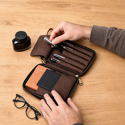 Leather pen case with a dedicated phone pocket and stationery compartments