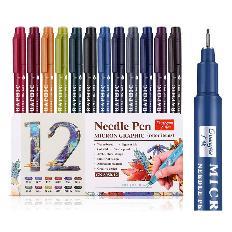 12-color 0.5 micron needle pen set arranged side by side