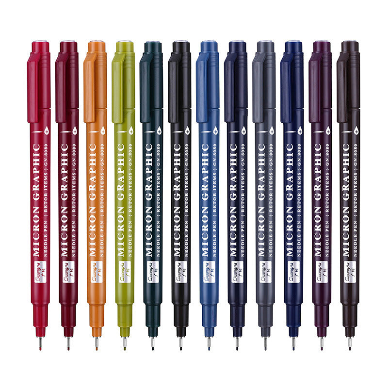 Assorted color needle pens displayed in a compact set