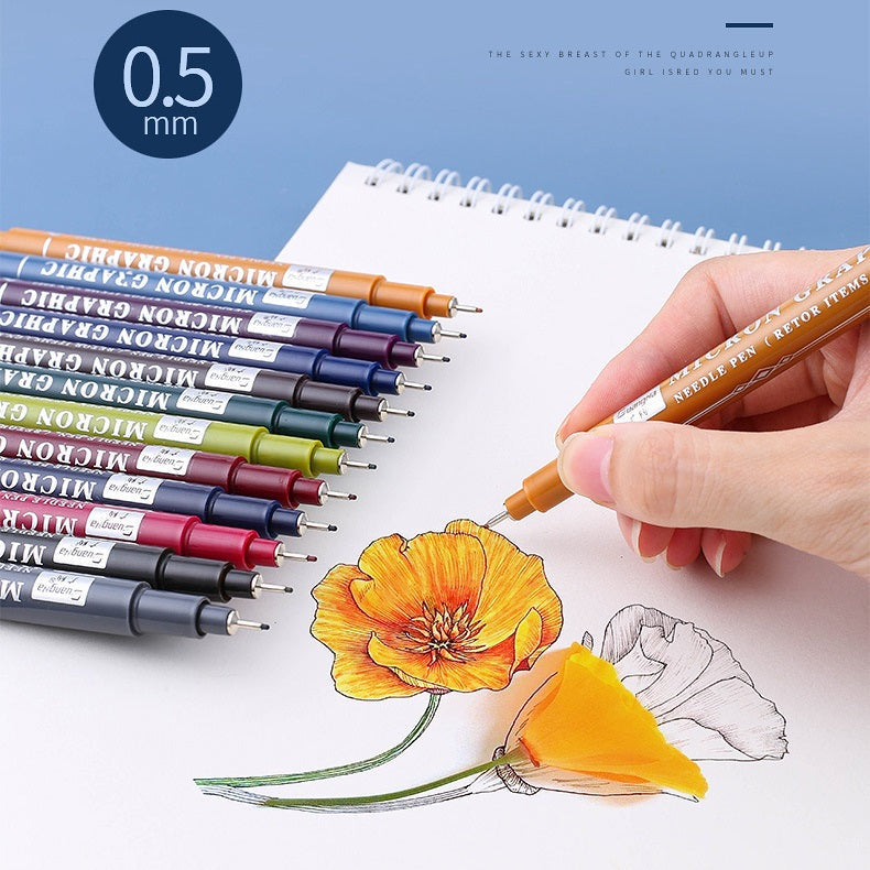 Twelve graphic needle pens with slim precision tips