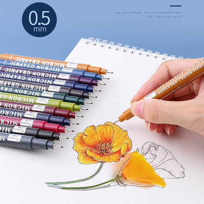 Twelve graphic needle pens with slim precision tips