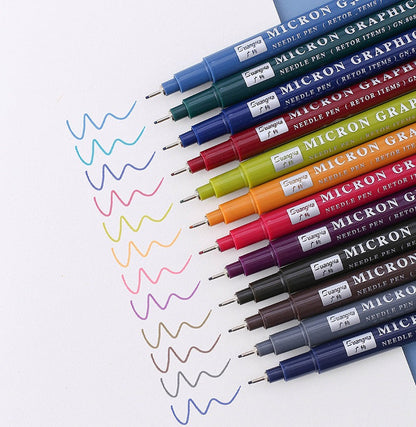 0.5 micron needle pens arranged by color
