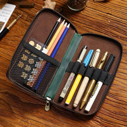 Leather pen case with five individual slots and a zippered closure