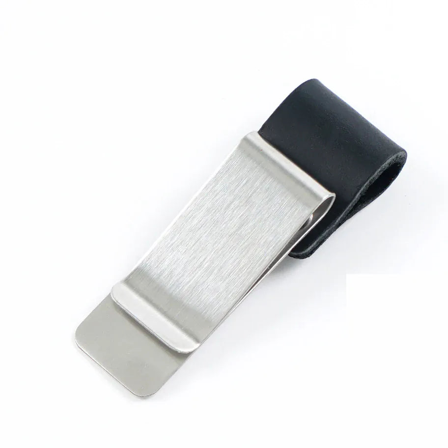 Side view showing the slim profile of the journal pen clip accessory