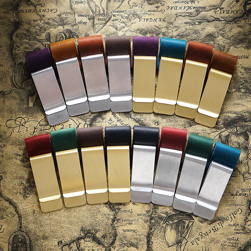 Close-up view of the pen clip, leather band, card slot, and cash holder