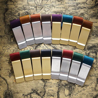 Close-up view of the pen clip, leather band, card slot, and cash holder
