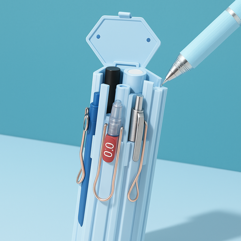 Hexagonal pen organizer holding pens and pencils on a desk