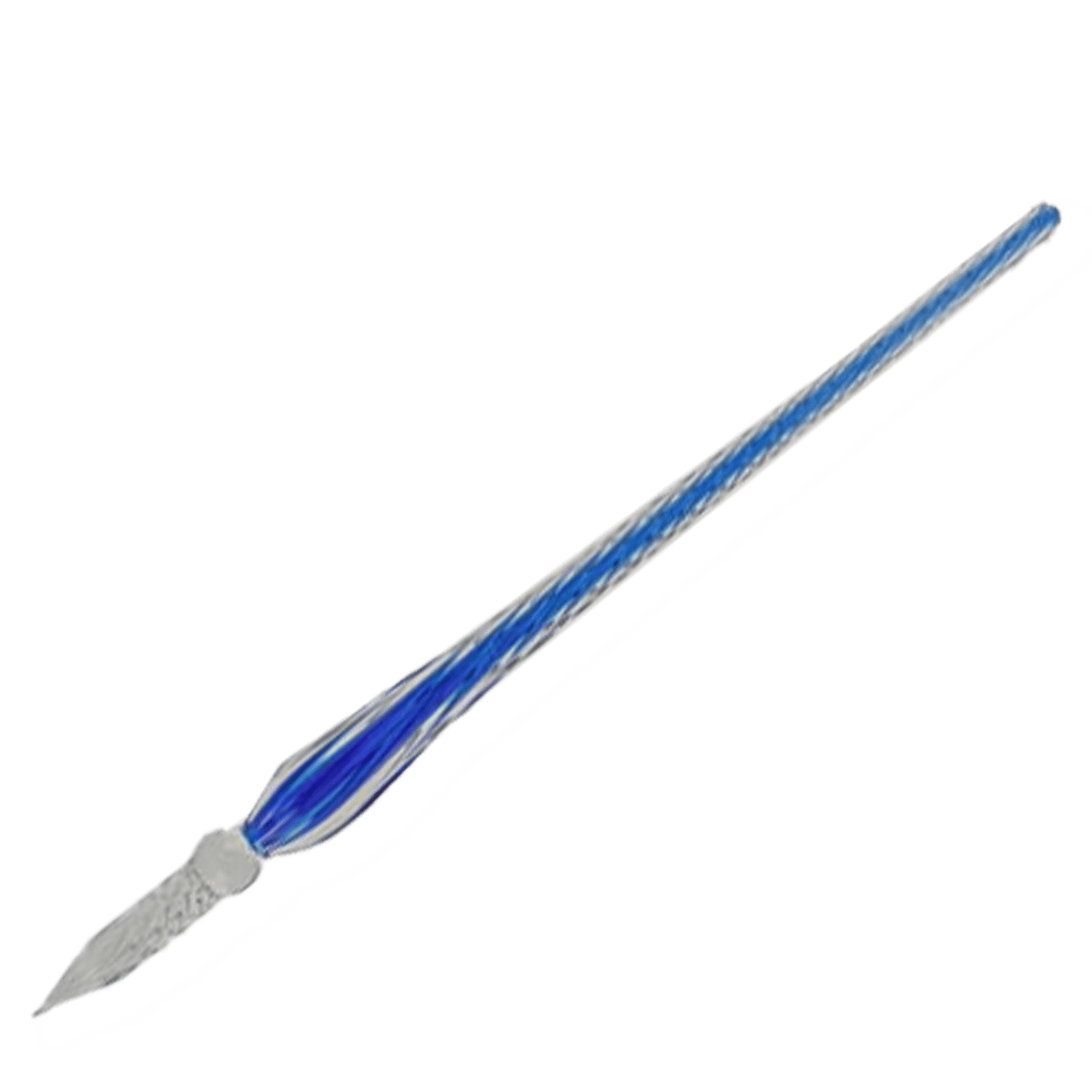 Full view of a spiral glass dip pen with its pointed writing tip