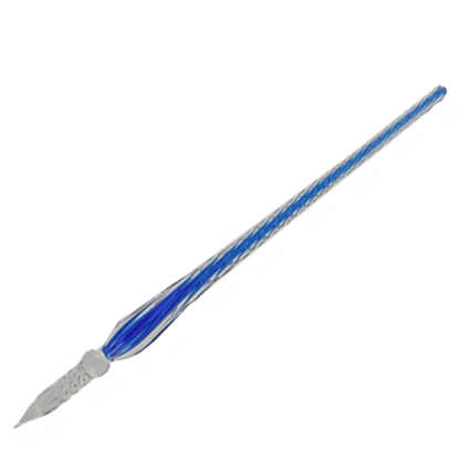 Full view of a spiral glass dip pen with its pointed writing tip