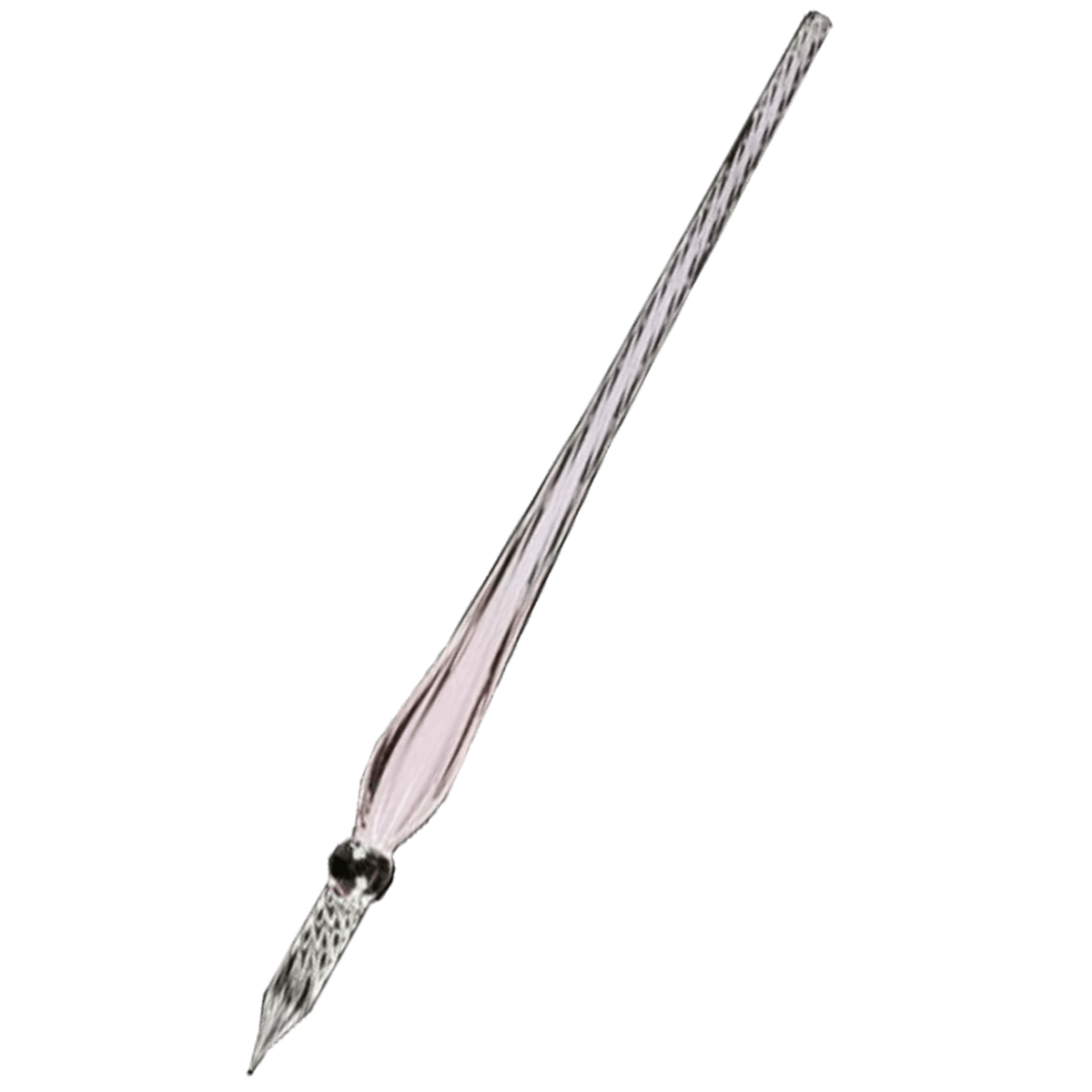 Twisted glass writing pen shown ready for use with bottled ink