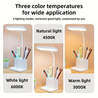 Adjustable-arm rechargeable desk lamp positioned on an office desk
