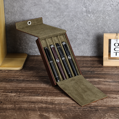 Open leather 4-pen case showing individual pen storage compartments