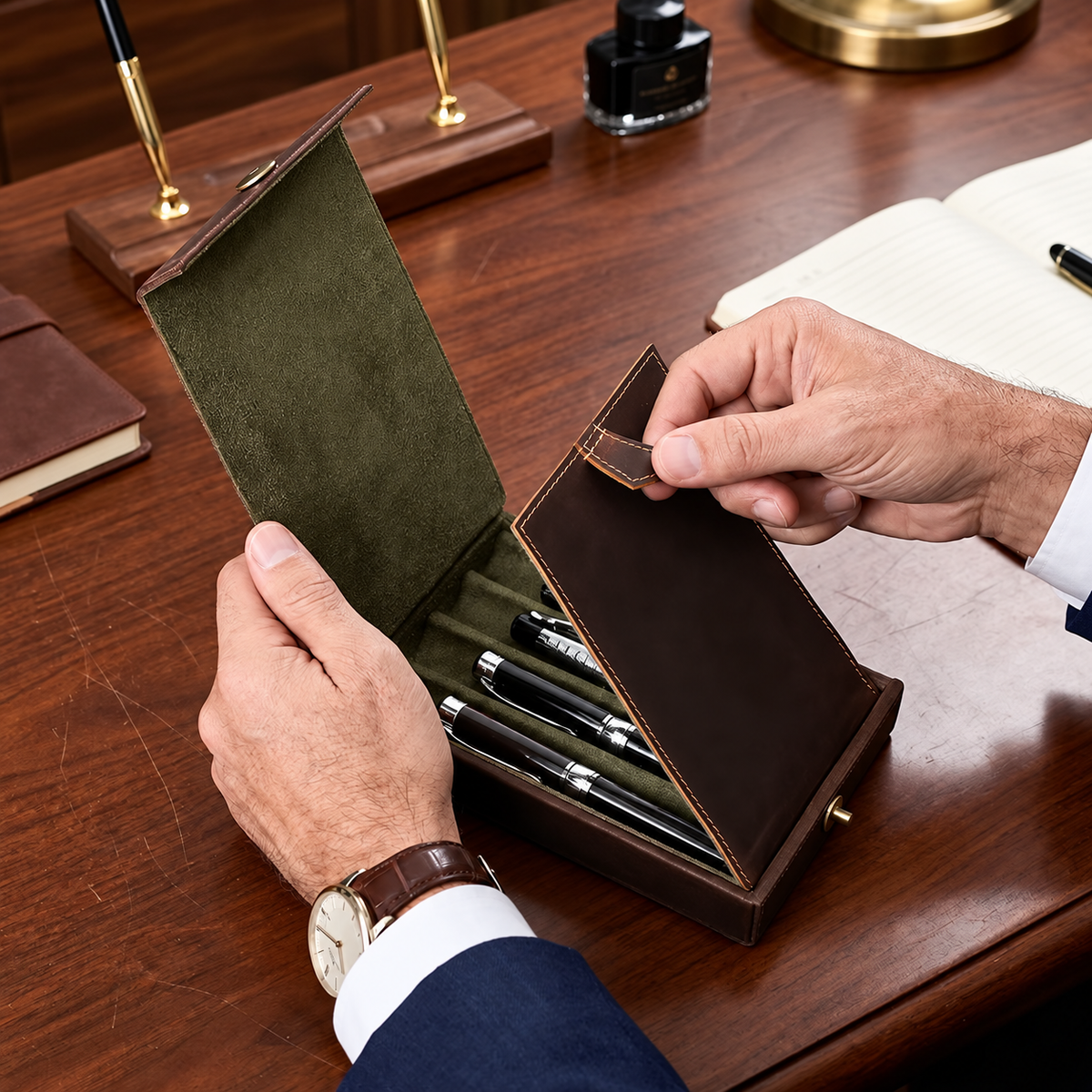 Leather case designed to hold four fountain pens with a magnetic closure