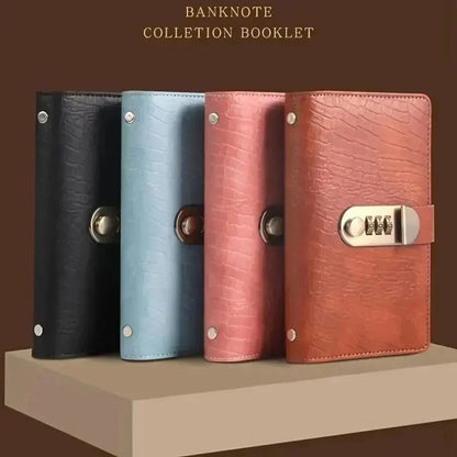 Money saving binder with a 3-digit combination lock on the cover