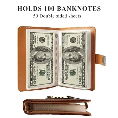 Money saving binder displayed at an angle with its secure lock