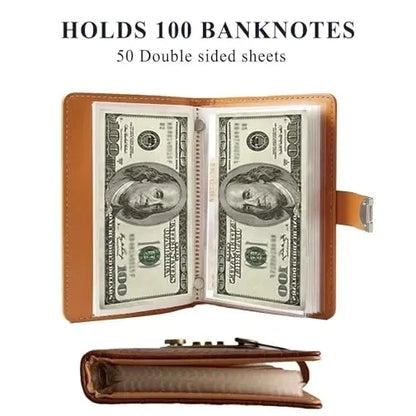 Money saving binder displayed at an angle with its secure lock