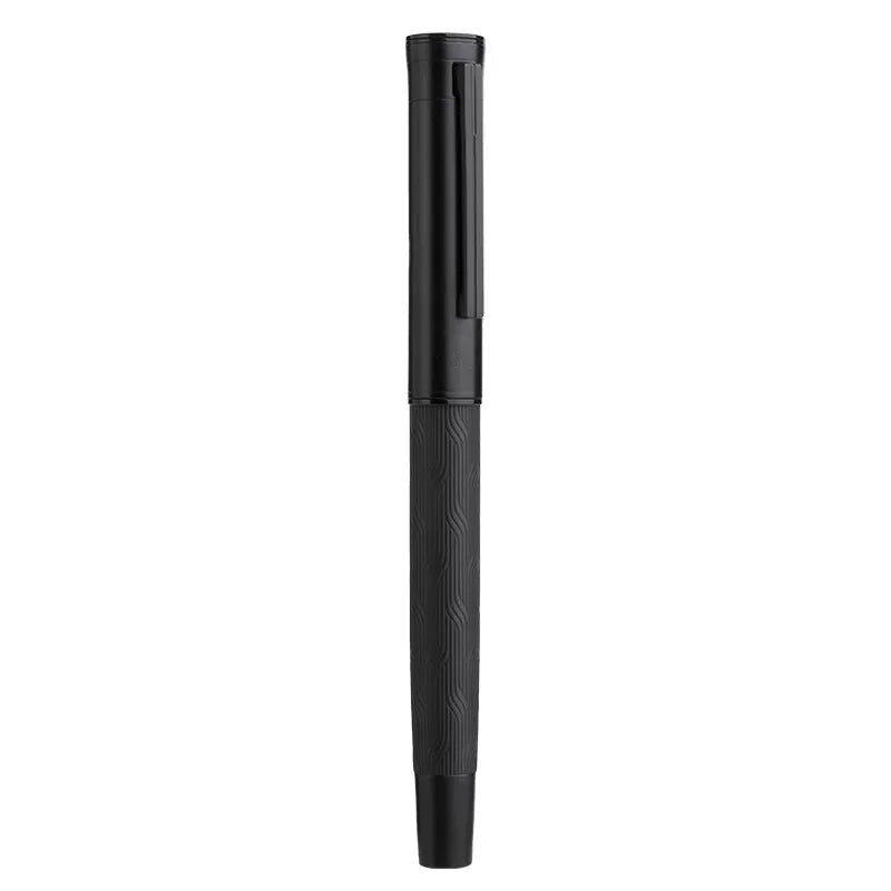 0.5 mm rollerball pen with a black metal body on a clean background