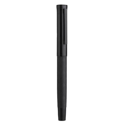 0.5 mm rollerball pen with a black metal body on a clean background