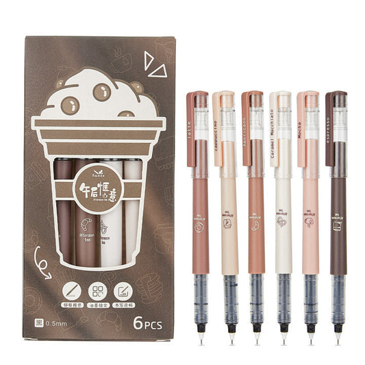 Packaged six-pack of tea-inspired rollerball pens for writing and gifting