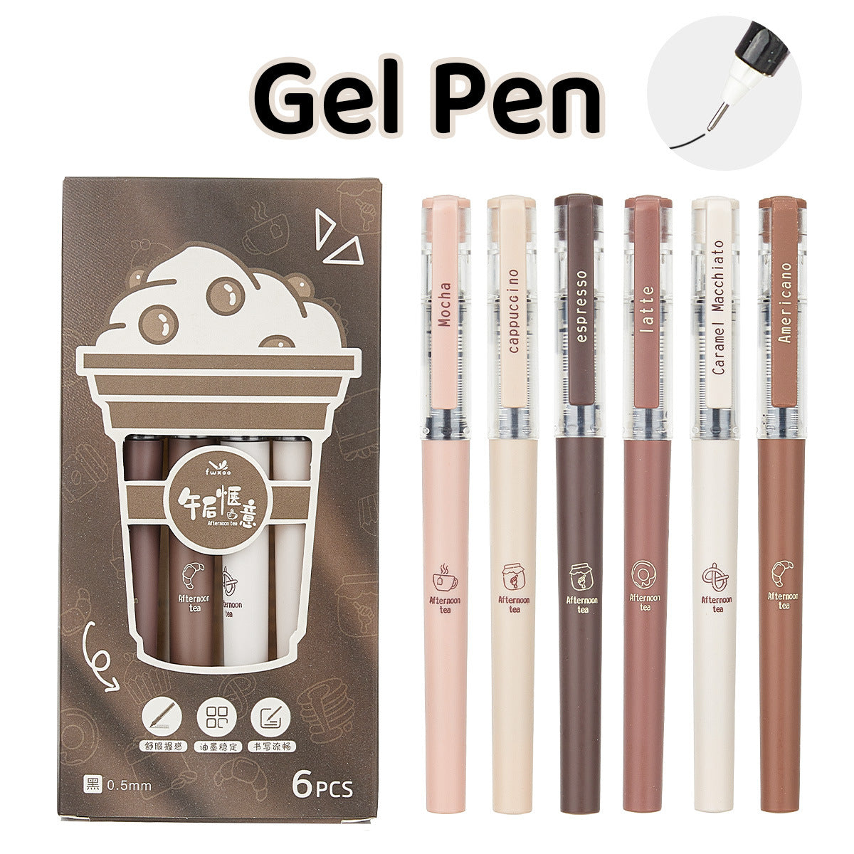 Six-pack tea-inspired rollerball pens with black ink and 0.5 mm tips