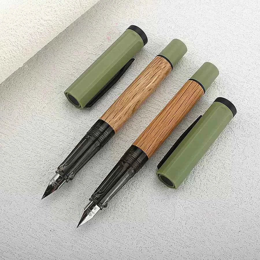 Detailed view of the fountain pen nib and wooden grip section