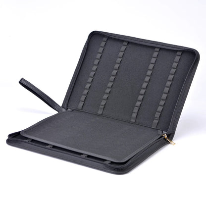 Open brown fountain pen case with multiple storage slots for fountain pens