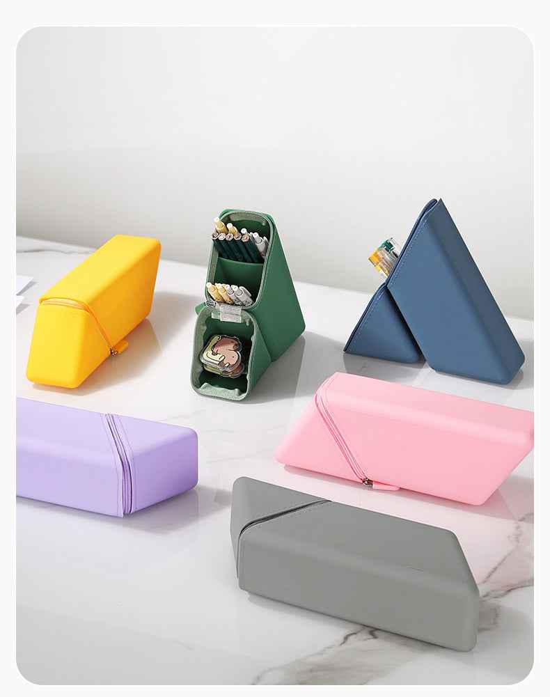 Silicone pencil pouch expanded into a standing organizer