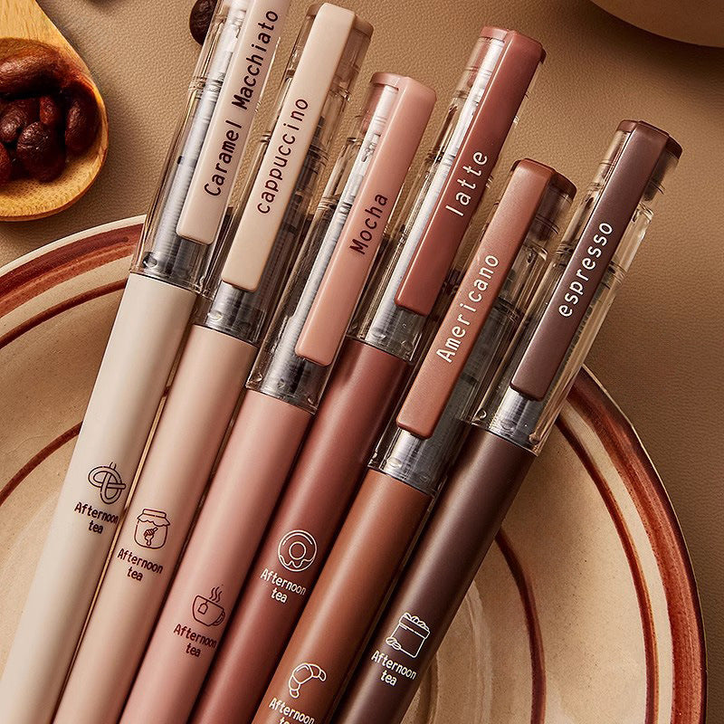 Tea-inspired rollerball pens arranged together in a six-pack set
