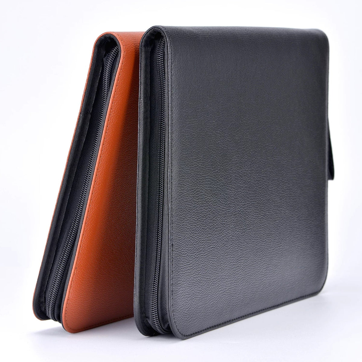 Close-up of the brown pen case exterior with neat stitched detailing