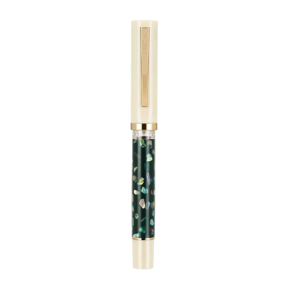 Fountain pen displaying its decorative shell-carved body