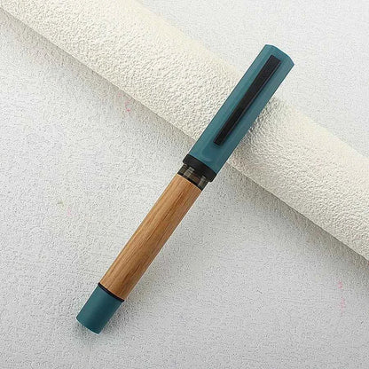 Natural oak fountain pen displayed with its matching wooden cap