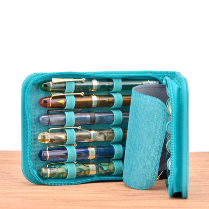 Open black pen case displaying space for up to 12 pens