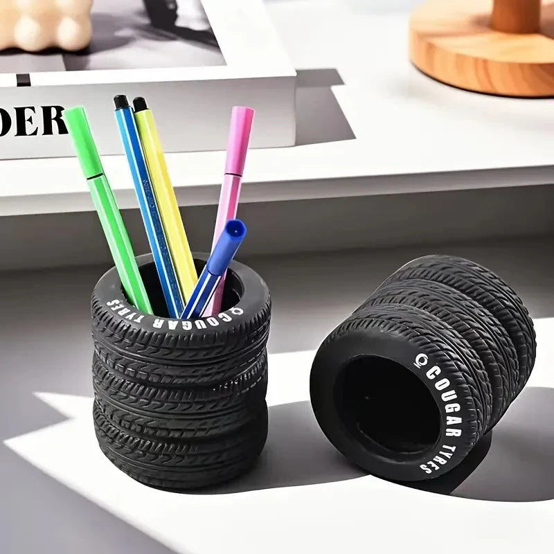 Close-up of a tire-inspired pen holder for office supplies