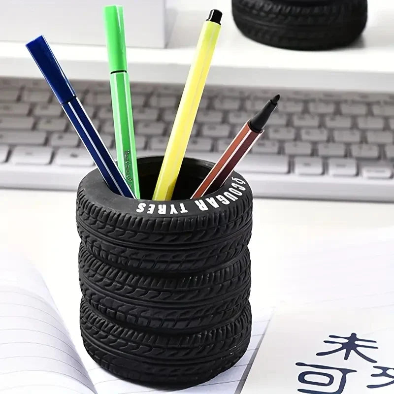 Creative tire-shaped pen holder displayed on a desk
