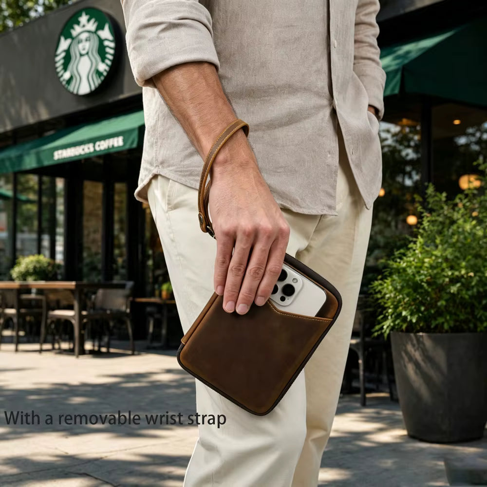 Compact leather stationery case designed for pens, an A6 notebook, and a phone