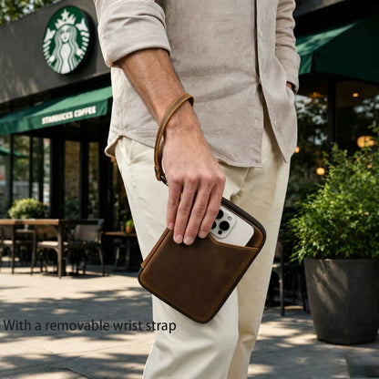 Compact leather stationery case designed for pens, an A6 notebook, and a phone