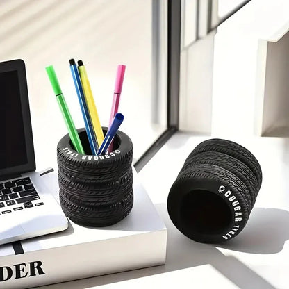 Tire-shaped desktop organizer holding pens and pencils
